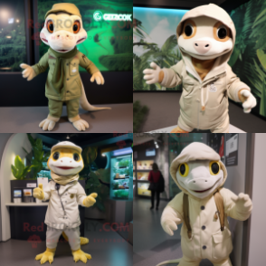 Cream Geckos mascot costume character dressed with a Parka and Beanies