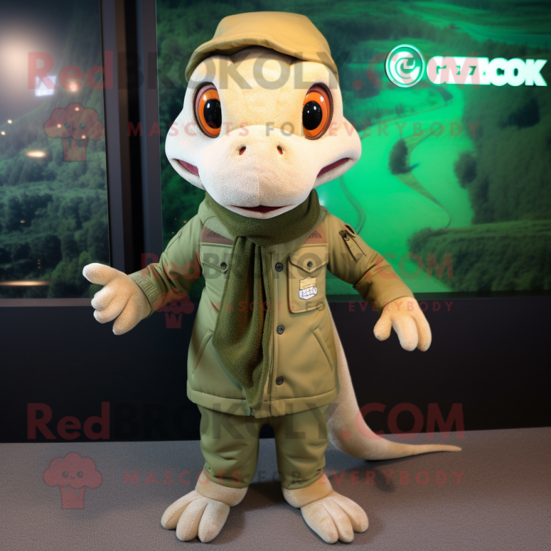 Cream Geckos mascot costume character dressed with a Parka and Beanies