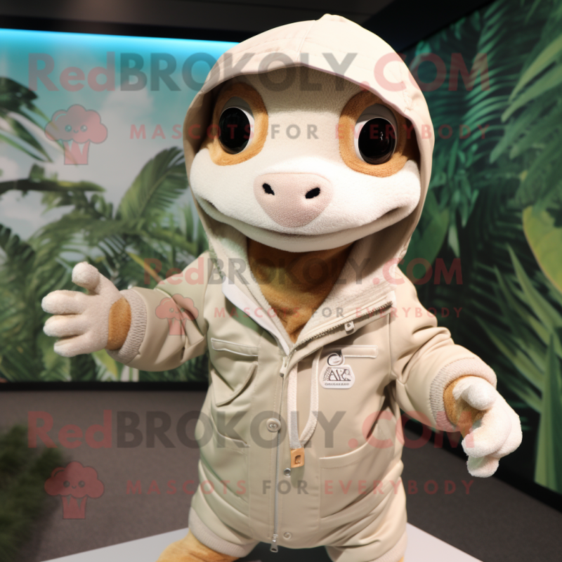 Cream Geckos mascot costume character dressed with a Parka and Beanies