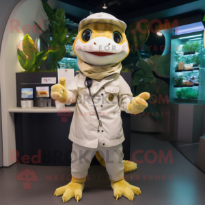 Cream Geckos mascot costume character dressed with a Parka and Beanies