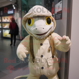 Cream Geckos mascot costume character dressed with a Parka and Beanies