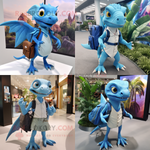 Sky Blue Dimorphodon mascot costume character dressed with a Pencil Skirt and Backpacks