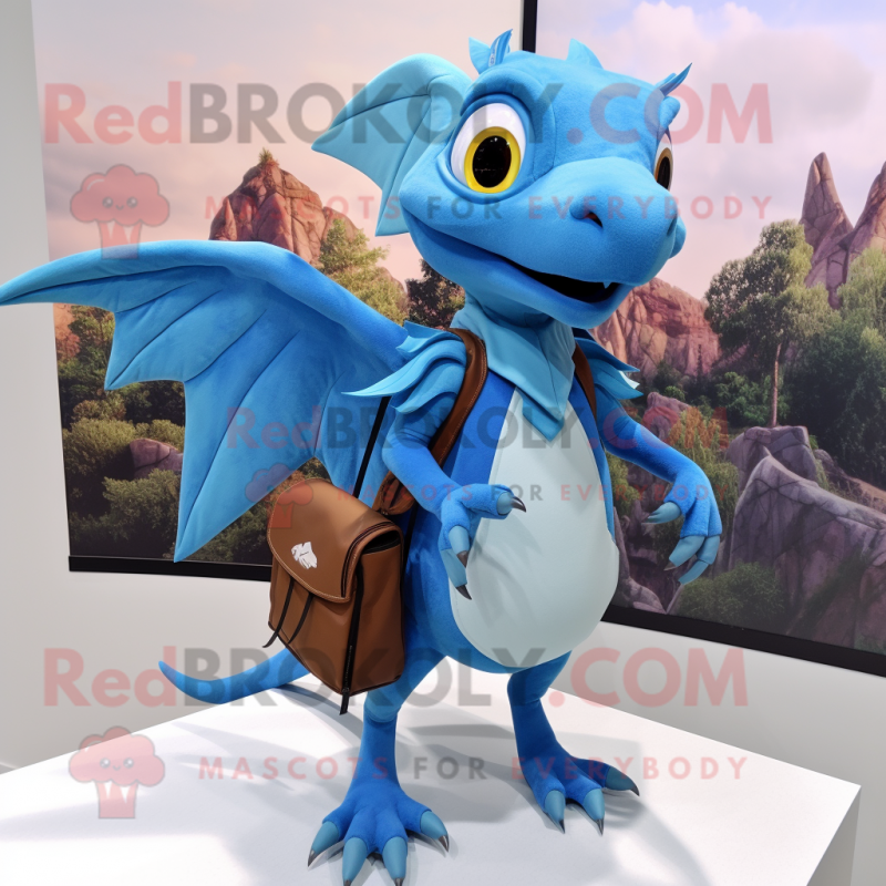 Sky Blue Dimorphodon mascot costume character dressed with a Pencil Skirt and Backpacks