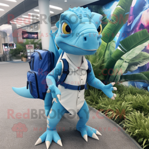 Sky Blue Dimorphodon mascot costume character dressed with a Pencil Skirt and Backpacks