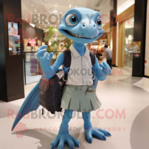 Sky Blue Dimorphodon mascot costume character dressed with a Pencil Skirt and Backpacks