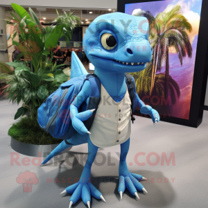 Sky Blue Dimorphodon mascot costume character dressed with a Pencil Skirt and Backpacks