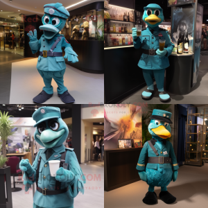 Teal Special Air Service mascot costume character dressed with a Cocktail Dress and Suspenders