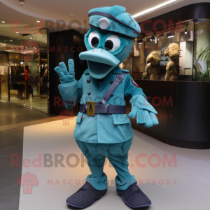 Teal Special Air Service mascot costume character dressed with a Cocktail Dress and Suspenders