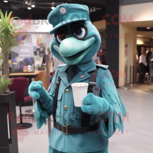 Teal Special Air Service mascot costume character dressed with a Cocktail Dress and Suspenders