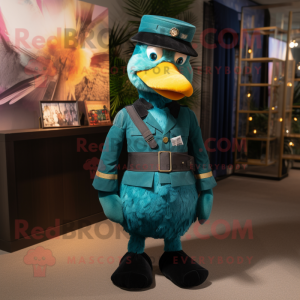 Teal Special Air Service mascot costume character dressed with a Cocktail Dress and Suspenders