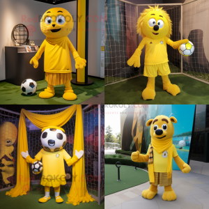 Yellow Soccer Goal mascot costume character dressed with a Henley Tee and Scarves