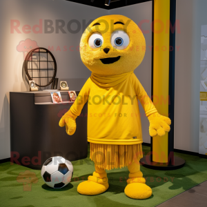 Yellow Soccer Goal mascot costume character dressed with a Henley Tee and Scarves