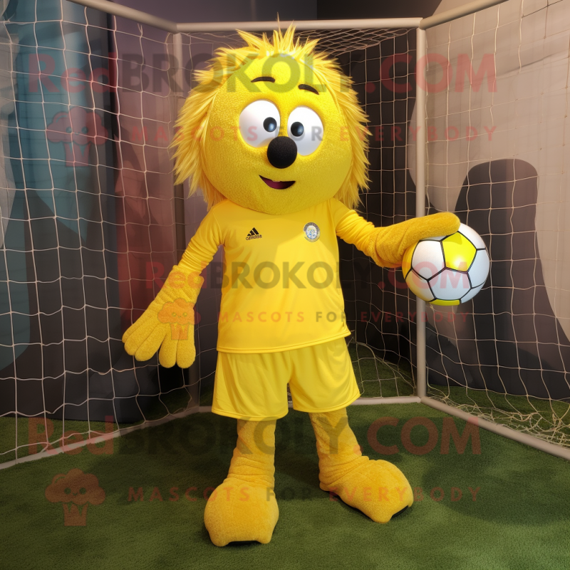 Yellow Soccer Goal mascot costume character dressed with a Henley Tee and Scarves