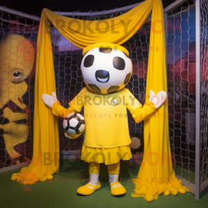 Yellow Soccer Goal mascot costume character dressed with a Henley Tee and Scarves