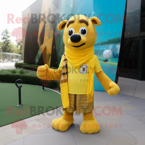 Yellow Soccer Goal mascot costume character dressed with a Henley Tee and Scarves