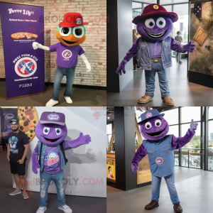 Purple Pizza mascot costume character dressed with a Denim Shirt and Lapel pins