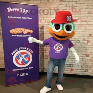 Purple Pizza mascot costume character dressed with a Denim Shirt and Lapel pins