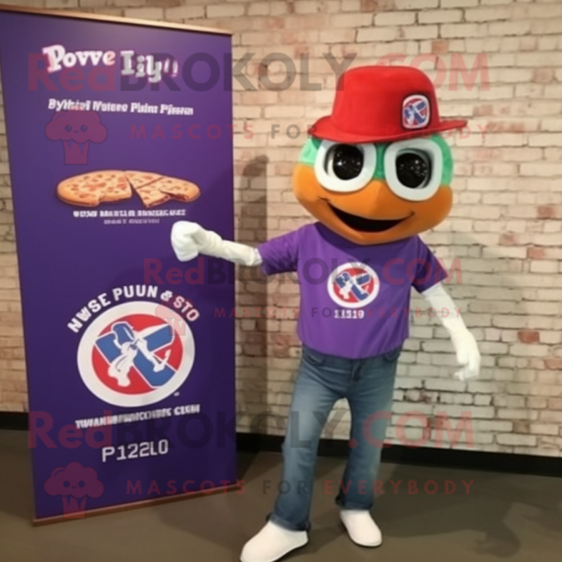 Purple Pizza mascot costume character dressed with a Denim Shirt and Lapel pins