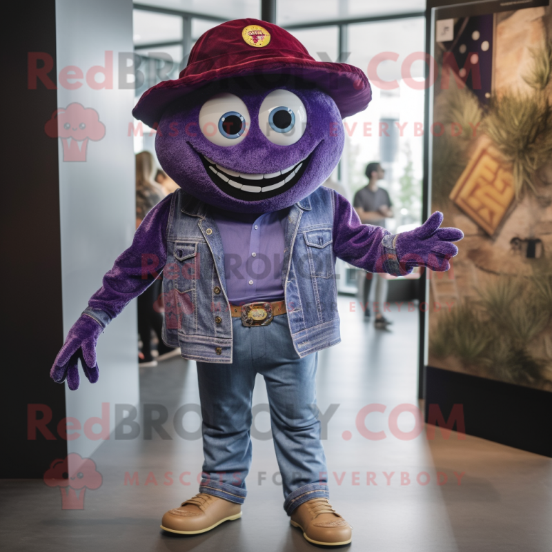 Purple Pizza mascot costume character dressed with a Denim Shirt and Lapel pins