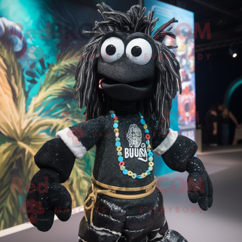 Black Shrimp Scampi mascot costume character dressed with a Rash Guard and Necklaces Black Shrimp Scampi mascot costume character dressed with a Rash Guard and Necklaces