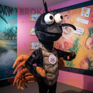 Black Shrimp Scampi mascot costume character dressed with a Rash Guard and Necklaces