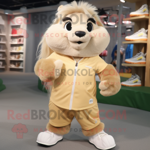 Cream Marmot mascot costume character dressed with a Mini Skirt and Shoe laces