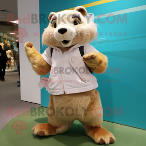 Cream Marmot mascot costume character dressed with a Mini Skirt and Shoe laces