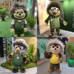 Olive Porcupine mascot costume character dressed with a Overalls and Eyeglasses