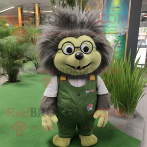 Olive Porcupine mascot costume character dressed with a Overalls and Eyeglasses