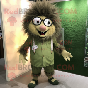 Olive Porcupine mascot costume character dressed with a Overalls and Eyeglasses