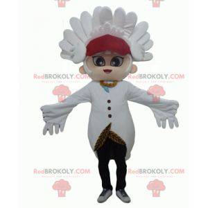 Mascote do boneco de neve com penas brancas e uma crista -