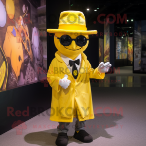 Yellow Magician mascot costume character dressed with a Button-Up Shirt and Sunglasses