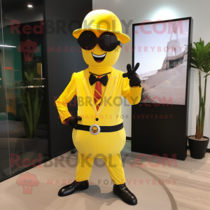 Yellow Magician mascot costume character dressed with a Button-Up Shirt and Sunglasses