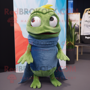 Olive Betta Fish mascot costume character dressed with a Bootcut Jeans and Shawls