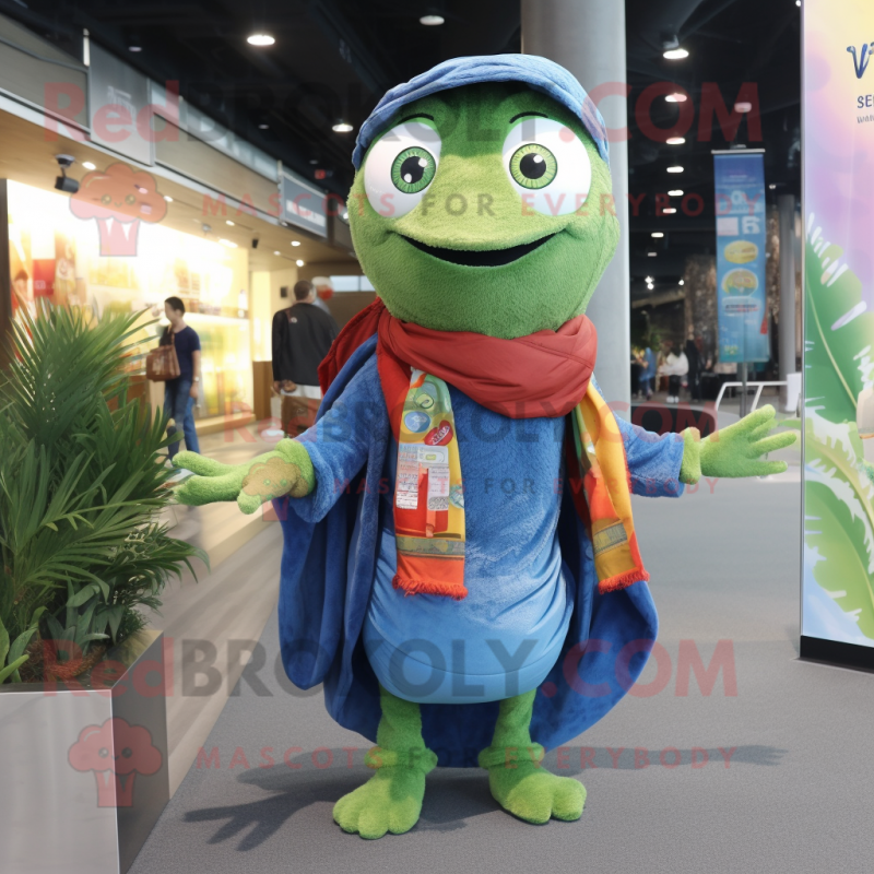 Olive Betta Fish mascot costume character dressed with a Bootcut Jeans and Shawls Olive Betta Fish mascot costume character dressed with a Bootcut Jeans and Shawls