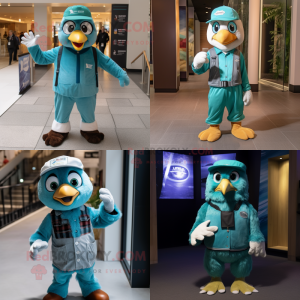 Teal Falcon mascot costume character dressed with a Overalls and Beanies