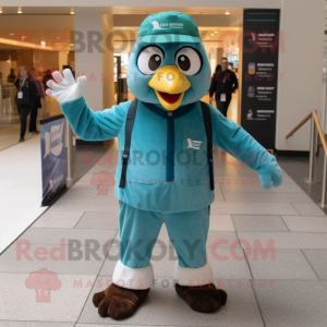 Teal Falcon mascot costume character dressed with a Overalls and Beanies