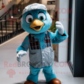 Teal Falcon mascot costume character dressed with a Overalls and Beanies