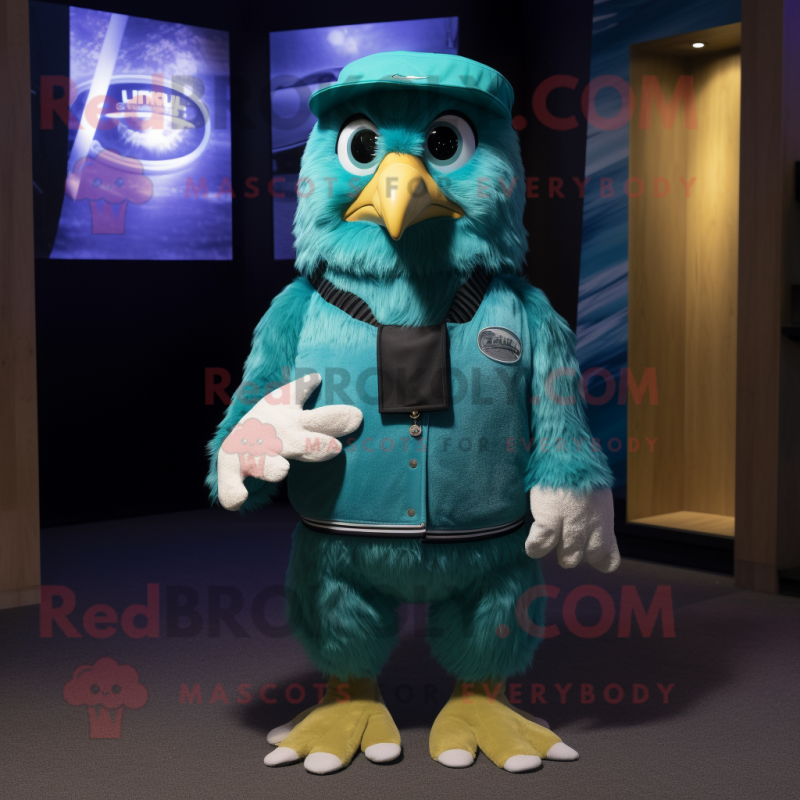 Teal Falcon mascot costume character dressed with a Overalls and Beanies