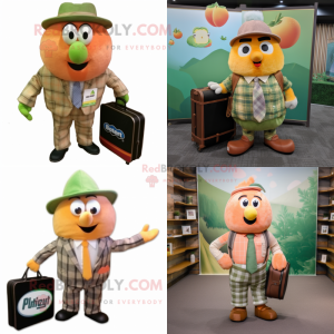Peach Kiwi mascot costume character dressed with a Flannel Shirt and Briefcases