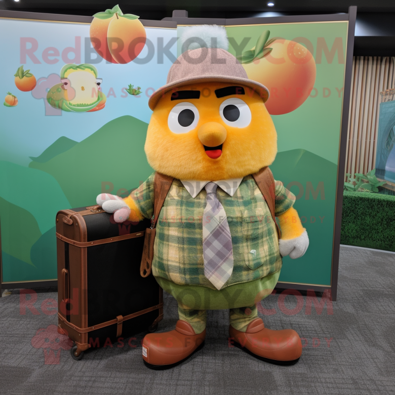 Peach Kiwi mascot costume character dressed with a Flannel Shirt and Briefcases