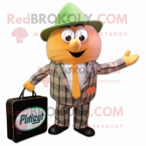 Peach Kiwi mascot costume character dressed with a Flannel Shirt and Briefcases