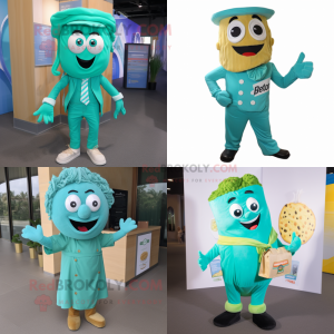 Turquoise Pesto Pasta mascot costume character dressed with a Romper and Pocket squares