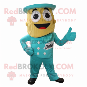 Turquoise Pesto Pasta mascot costume character dressed with a Romper and Pocket squares