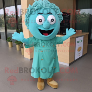 Turquoise Pesto Pasta mascot costume character dressed with a Romper and Pocket squares