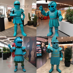 Teal Roman Soldier mascot costume character dressed with a Jumpsuit and Foot pads