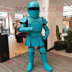 Teal Roman Soldier mascot costume character dressed with a Jumpsuit and Foot pads