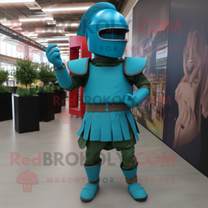 Teal Roman Soldier mascot costume character dressed with a Jumpsuit and Foot pads