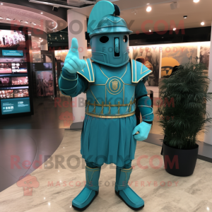 Teal Roman Soldier mascot costume character dressed with a Jumpsuit and Foot pads