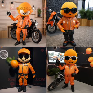 Orange Apricot mascot costume character dressed with a Biker Jacket and Cufflinks